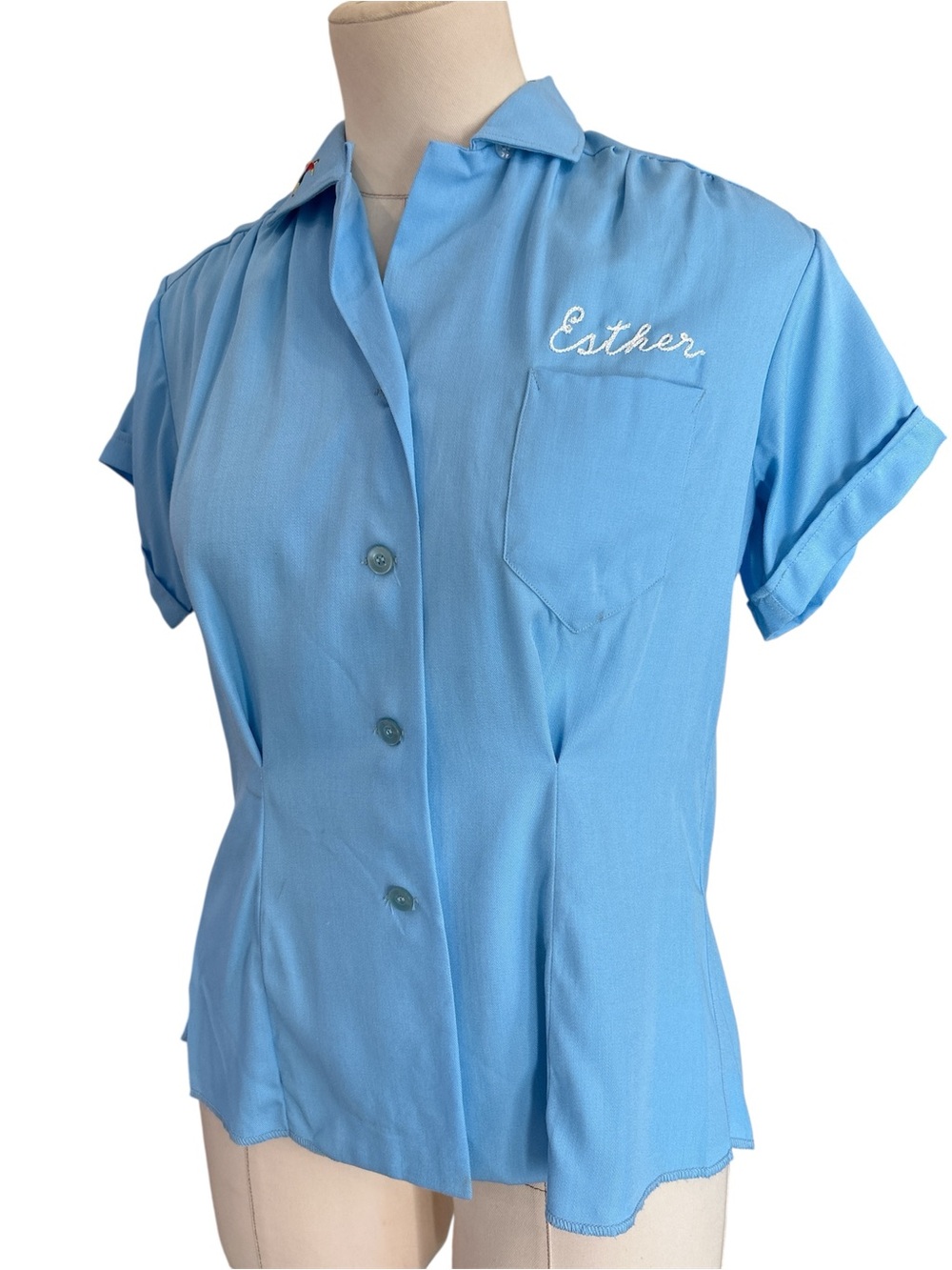 50’s 60’s King Louie embroidered Esther bowling shirt sky blue size small